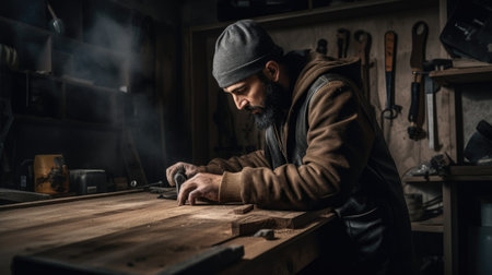 The man working with wooden planks in a workshop with determination. Generative AI AIG21.の素材