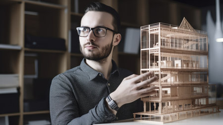 A male architect holding building model in office. Generative AI AIG21.の素材