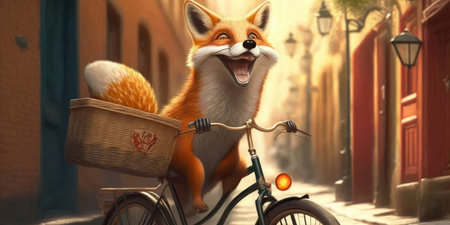 fox have fun bicycle ride on sunshine day in summer on town streetの素材