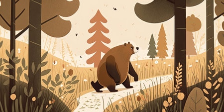 Brown bear in a forest super cute cartoon art style nordic style. Generative AI AIG16.の素材