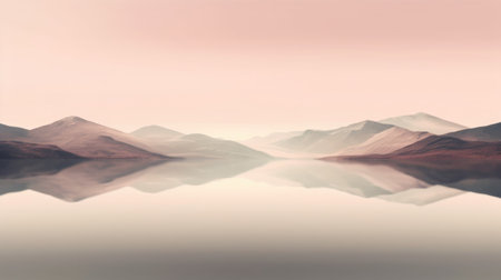 Beautiful mountain lake and natural environment in the morning background. Tranquil pink pastel sunset light in panoramic mountainous and nature lake shore scenery. Picturesque generative AIの素材