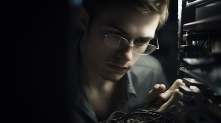 IT Specialist Male Caucasian Young Adult Fixing a computer in Office. Generative AI AIG22.の素材