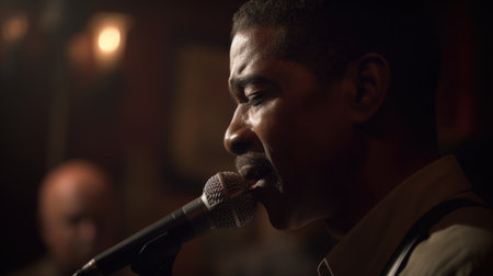 Jazz Singer Male African-American Middle-Aged Performing live music for an audience, singing jazz standards in Jazz club. Generative AI AIG22.の素材