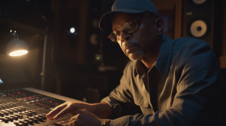 Music Producer Male African-American Middle-Aged Creating and producing music tracks in Recording studio. Generative AI AIG22.の素材