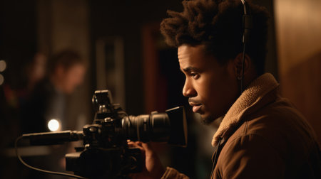 Music Video Director Male African-American Young Adult Directing and producing music videos in Film set. Generative AI AIG22.の素材