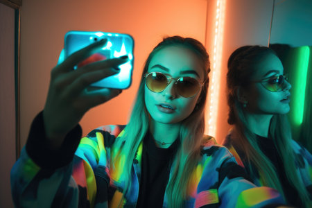 Female Caucasian teenager taking selfies in bedroom trendy picture. Generative AI AIG23.の素材