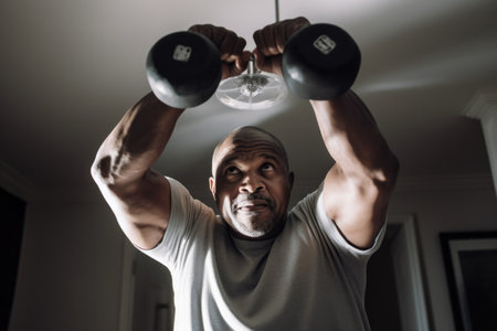 Male African American adult exercising with weights healthy. Generative AI AIG23.の素材