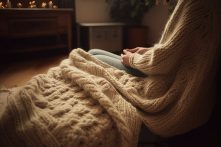 Female Caucasian 60s knitting cozy reading books sweater. Generative AI AIG23.の素材