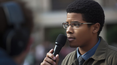 Journalist Male African-American Young adult Conducting an interview in Outdoor location. Generative AI AIG22.の素材