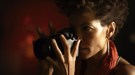 Photographer Female African-American Middle Age Taking pictures at a fashion shoot in Studio. Generative AI AIG22.の素材