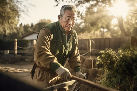 Male Asian senior gardening in backyard plants earthly. Generative AI AIG23.の素材