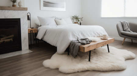 Bedroom decor, home interior design . Scandinavian Minimalist style with Fireplace decorated with Light Wood and White material . Generative AI AIG26.の素材
