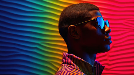 Young male model posing with trendy man fashion outfit and colorful optical art abstract background. Picturesque generative AIの素材