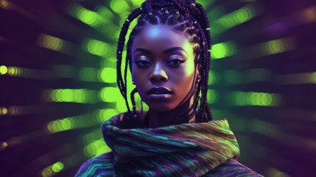 Beautiful model with colorful and trendy outfit with glowing purple green neon light, colorful dyed hair and fashionable african glitch core teenager girl. Picturesque generative AIの素材