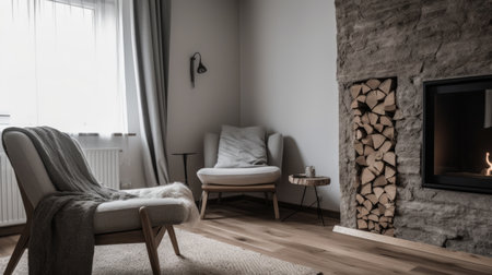 Bedroom decor, home interior design . Scandinavian Rustic style with Fireplace decorated with Wood and Stone material . Generative AI AIG26.の素材