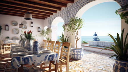 Interior design inspiration of Coastal Mediterranean style home dining room loveliness decorated with Wicker and Tile material and Ocean View .Generative AI home interior design .の素材