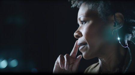 Mature black woman with wonder, curiosity, looking at holographic digital display, futuristic technology, innovation. Generative AI AIG20.の素材