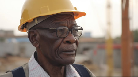 Senior male African civil engineer with determined face at construction site. Generative AI AIG21.の素材