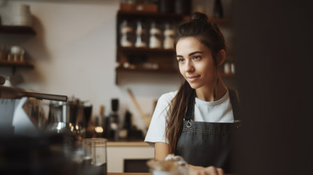 Smiling female barista wearing apron standing in counter of the coffee shop. Generative AI AIG21.の素材