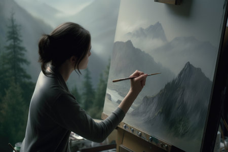 The woman painting the realistic landscapes in an art studio with mountain view. Generative AI AIG21.の素材