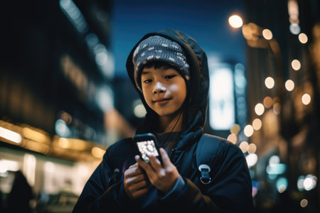 Wide angle shot of a young chinese japanese 10-year-old little boy trendy clothes using mobile phone with background of urban city street at night. Generative AI AIG18.