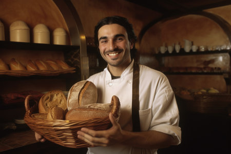 Smiling spanish male baker standing in home kitchen holding bread in basket. Generative AI AIG21.の素材