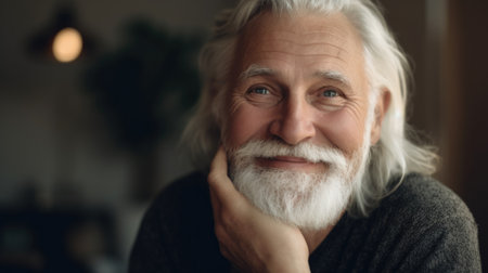 Ambitious rich mature man looking at camera inside his house with boho interior. Generative AI AIG20.の素材