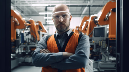 30s engineer, smiling face, standing in blur background of smart factory with robotic arms. Generative AI AIG20.の素材
