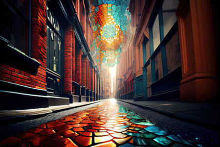 Architecture art of window or mirror made of carnival glass among the modern city in London town. Concept of downtown in the civilization with designed by warm color light. Glorious generative AI.の素材