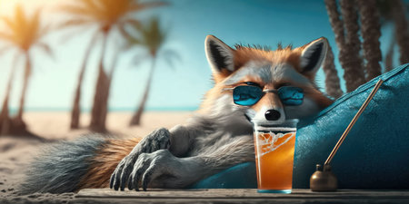 fox is on summer vacation at seaside resort and relaxing on summer beachの素材