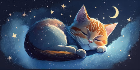 A cute and adorable kitten is sleeping under night sky between stars pillow. Generative AI AIG16.の素材