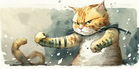 Cats jitsu fighting battle aggressive watercolor beautiful painting art. Generative AI AIG16の素材