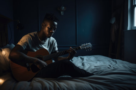 Male African 20s playing guitar in bedroom activity music. Generative AI AIG23.の素材