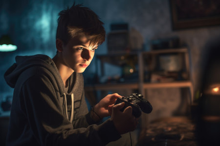 Male Caucasian teenager playing video games basement dark. Generative AI AIG23.の素材