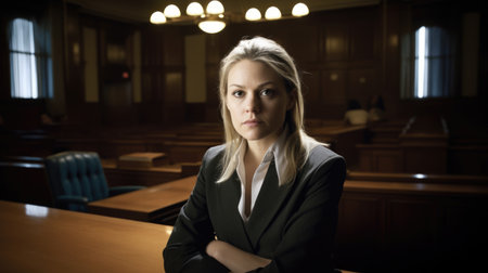 Lawyer Female Caucasian Young Adult Presenting in a courtroom in Courthouse. Generative AI AIG22.の素材