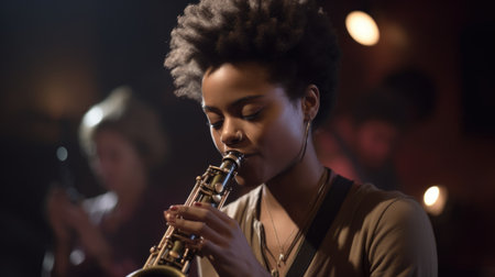 Musician Female African-American Young Adult Performing live music for an audience. Generative AI AIG22.の素材
