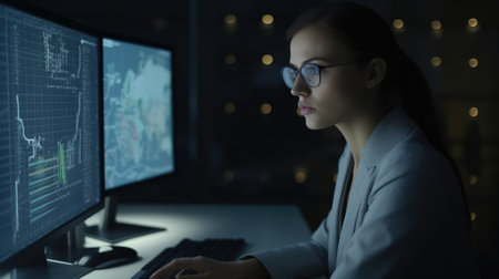 Financial Analyst Female Caucasian Young Adult Analyzing charts and graphs on a computer at a desk in Indoor office. Generative AI AIG22.の素材