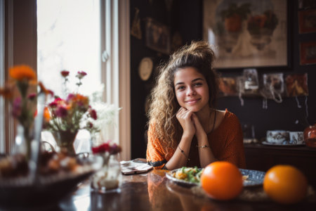 Female Hispanic teenager socializing dining room light conversation. Generative AI AIG23.の素材