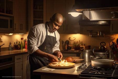Male African American young adult cooking a meal in kitchen. Generative AI AIG23.の素材