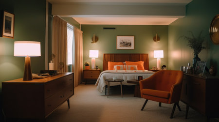 Bedroom decor, home interior design . Mid-Century Modern Retro style with Statement Light Fixture decorated with Wood and Brass material . Generative AI AIG26.の素材