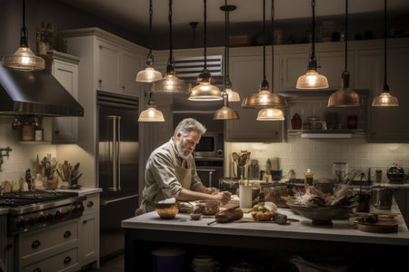 Male Caucasian middle aged cooking a meal in kitchen. Generative AI AIG23.の素材