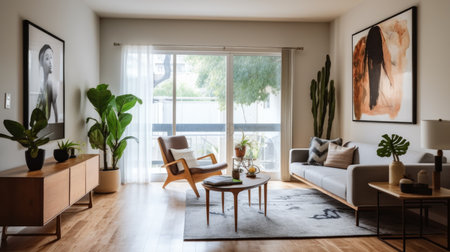Living room decor, home interior design . Mid-Century Modern Minimalist style with Large Window decorated with Wood and Glass material . Generative AI AIG26.の素材