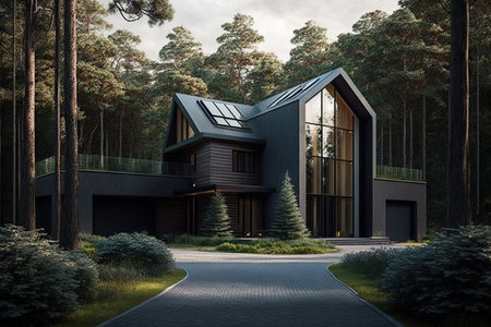 Sofisticated modern European two story house in the woods. Generative AI AIG15.の素材