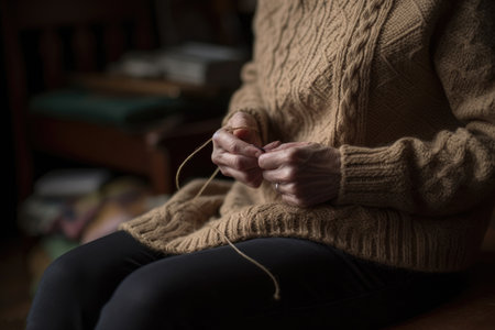 Female Caucasian elderly knitting cozy sweater warmth living room. Generative AI AIG23.の素材