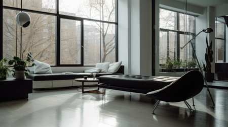 Living room decor, home interior design . Modern Minimalist style with Large Window decorated with Glass and Metal material . Generative AI AIG26.の素材