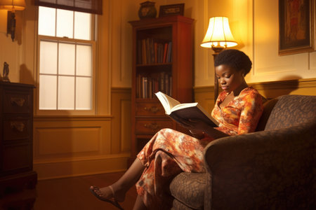 Female African young adult reading books in home library casual relaxing. Generative AI AIG23.の素材