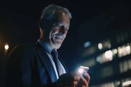 a senior caucasian businessman executive using mobile phone with background of modern office buildings at night Generative AI AIG18.の素材