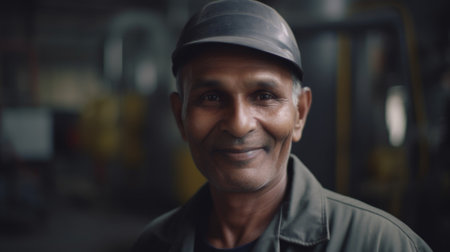 A smiling senior Indian male factory worker standing in oil refinery plant. Generative AI AIG19.の素材