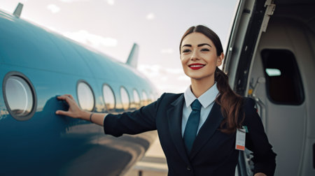 Smiling air hostess in blue suit standing in front of airplane entrance under blue sky. Generative AI AIG21.の素材