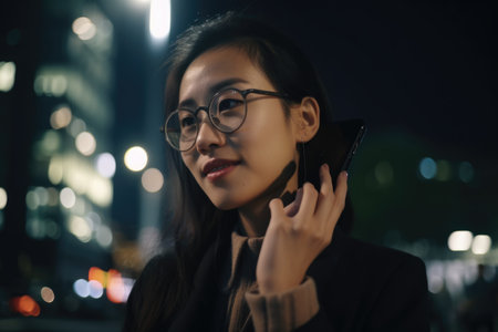 a young chinese japanese businesswoman executive using mobile phone with background of modern office buildings at night Generative AI AIG18.の素材